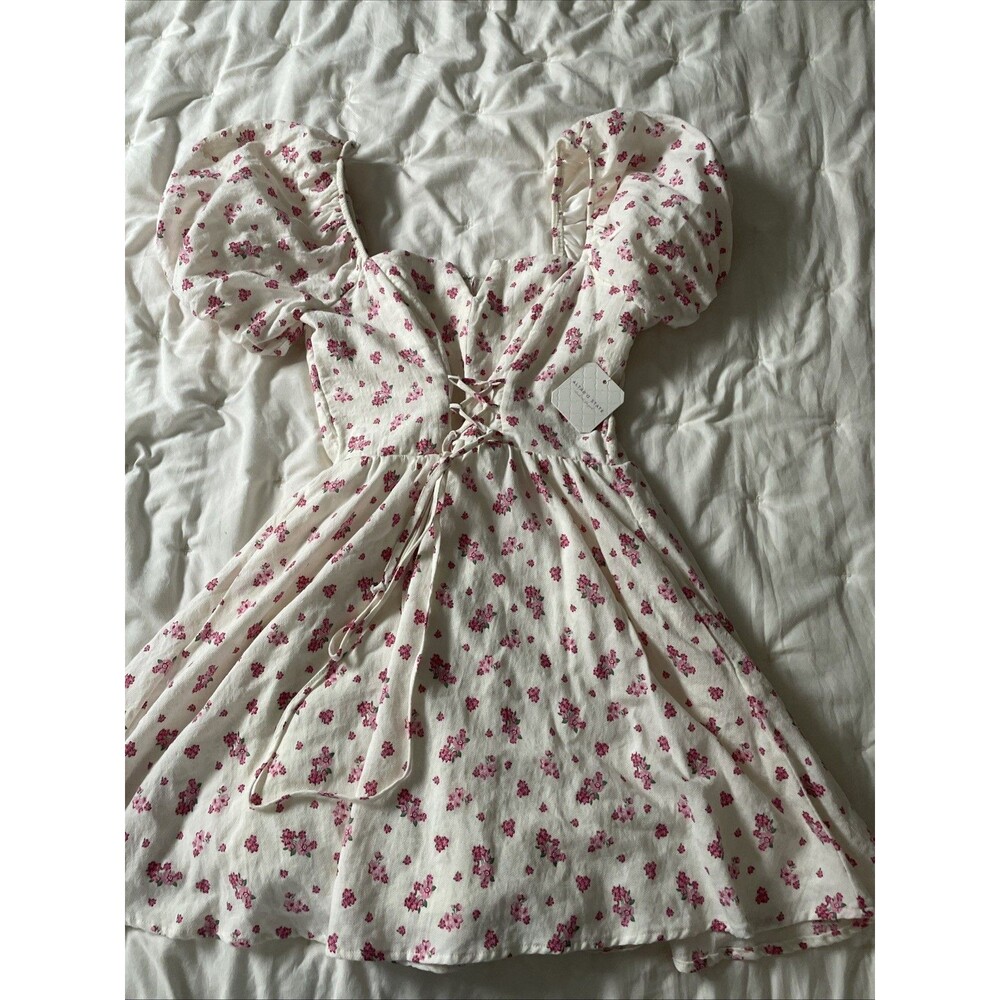Altar’d Sate White Pink Floral Puff Sleeve Mini Dress SIZE S New With Tags